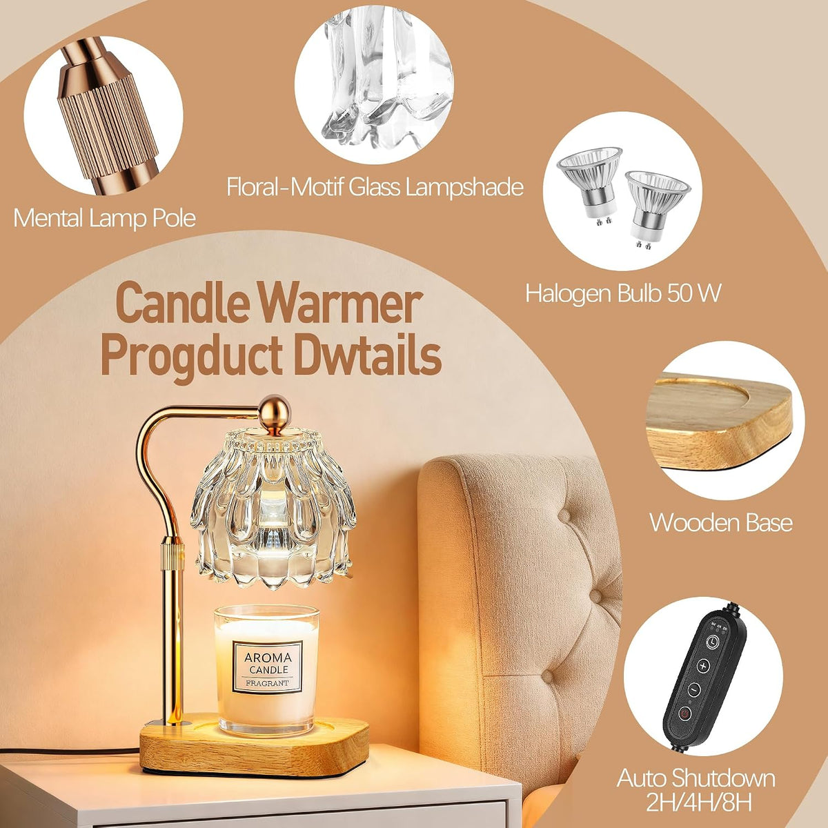 Candle Warmer Lamp with Timer - Flower Electric Wax Melter Warmer Adjustable Height for Jar Candles, Gift for Women, Mom, Christmas, Birthday,Home Decor