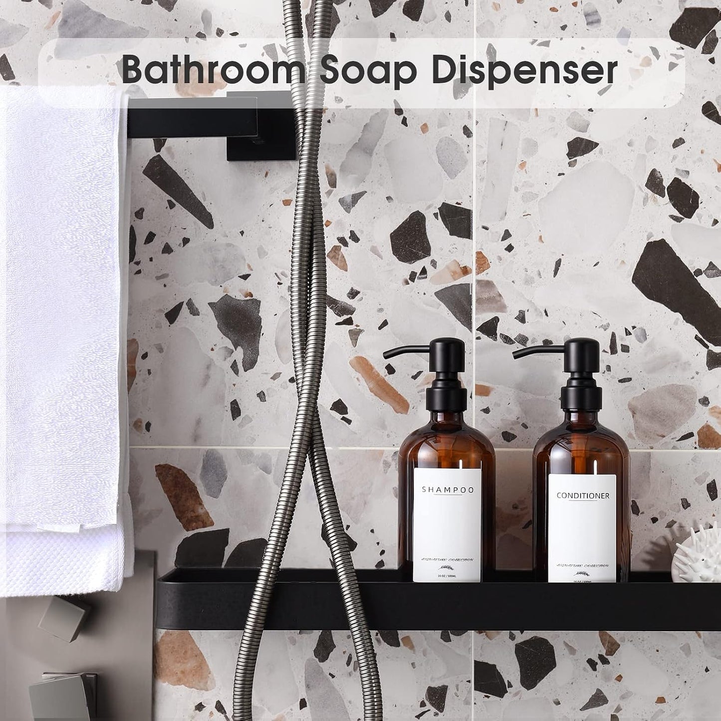 Supforce Shampoo Dispenser for Shower, No Drill Dispenser with Pump & Label | Shampoo and Conditioner Dispenser Wall Mount Set of 3, Pet Bottle Shower Soap Dispenser for Home Bathroom, Amber