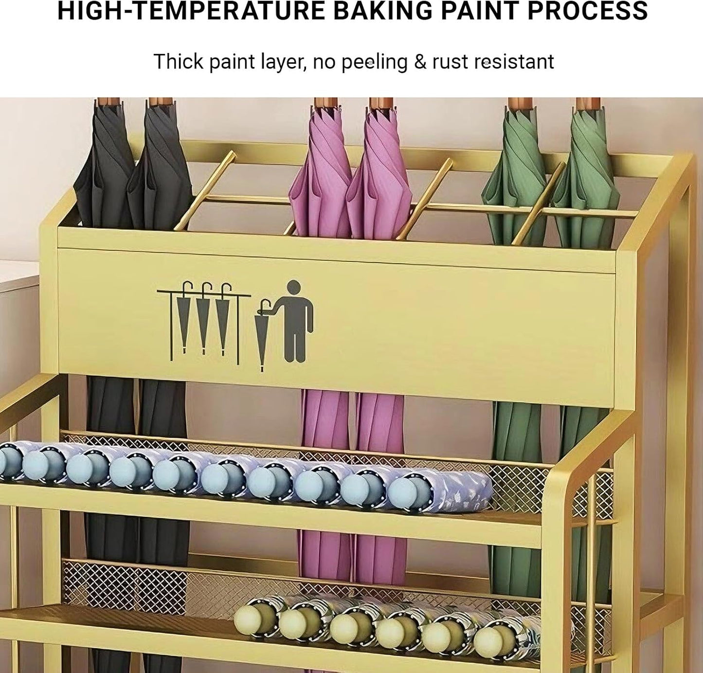 Umbrella Stand with Dual-Tier Partition, Umbrella Holder for Entryway with Drip Tray & Wheels, Thickened Iron Storage Rack for Long/Folding Cane(Black,Small)