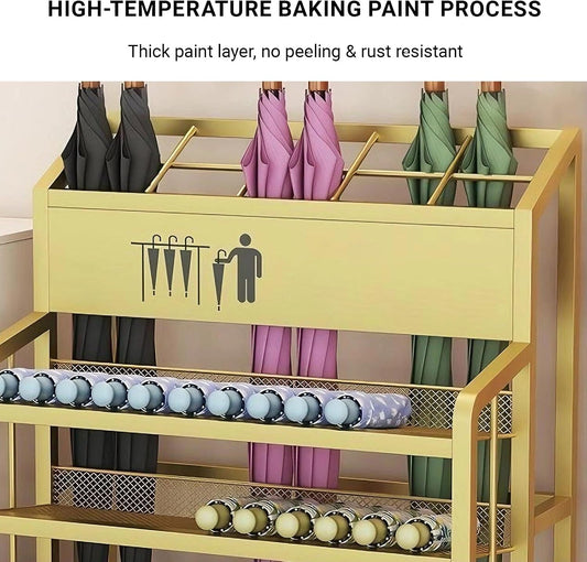 Umbrella Stand with Dual-Tier Partition, Umbrella Holder for Entryway with Drip Tray & Wheels, Thickened Iron Storage Rack for Long/Folding Cane(Black,Small)