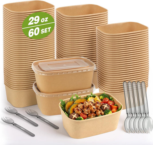 60 Packs 35oz Disposable Meal Prep Containers with Lids & Utensils | Leak-Proof Microwave/Freezer Safe Food Prep Container with Labels , Sturdy Kraft Paper Bowls for Meal Prep, Lunch & Leftovers