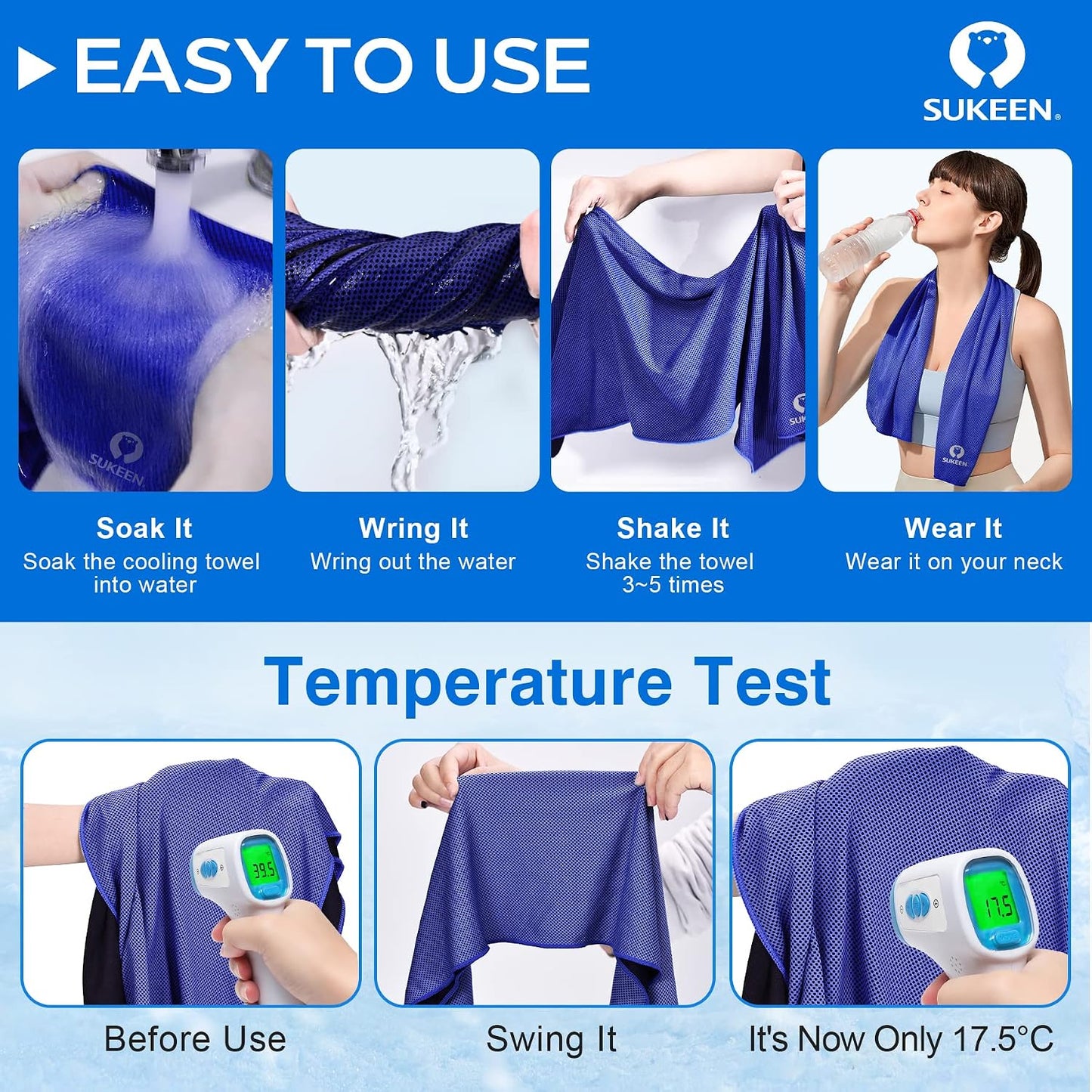 Sukeen Cooling Towels 6 Pack (40"x12"), Cooling Neck Wraps, Ice Towels, Microfiber Breathable Cooling Towel for Hot Weather, Sweat Towel for Gym, Sport, Running, Golf, Workout, Camping, Fitness