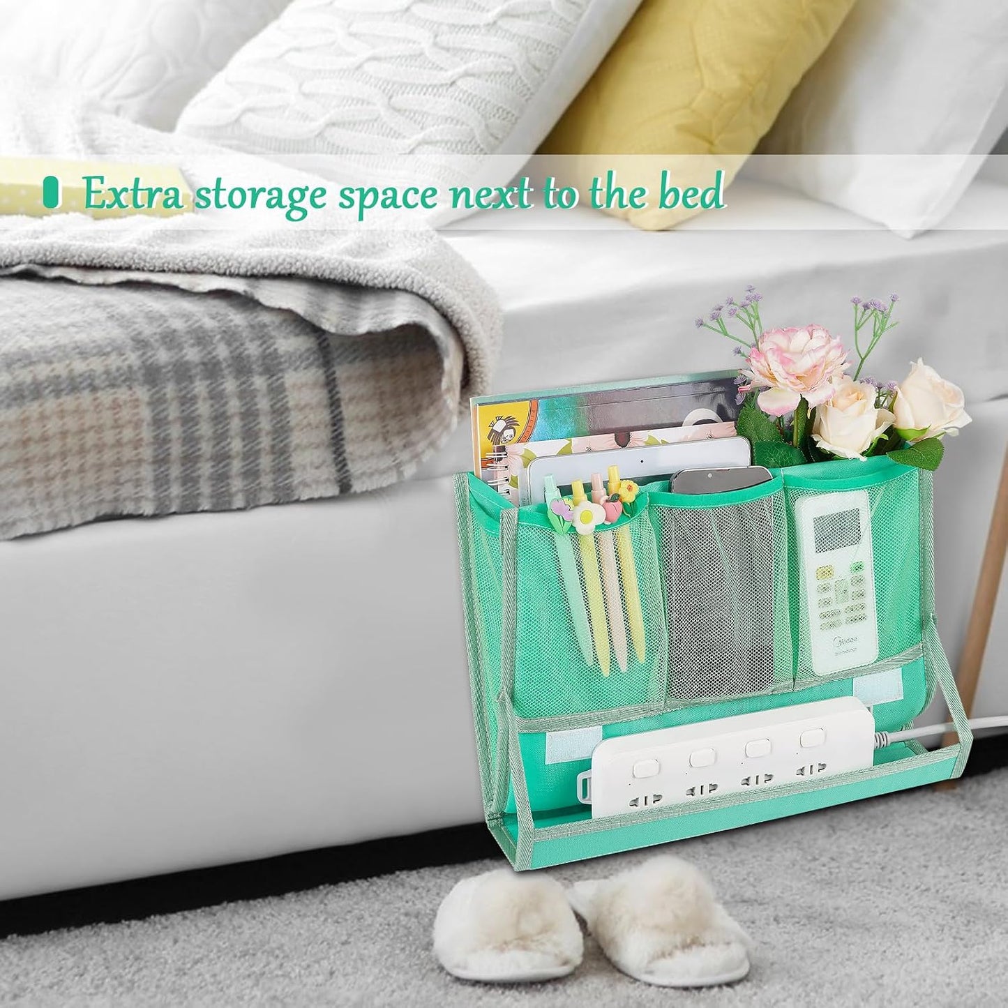 Bedside Caddy Organizer for Dorm Bed Rails with 7 Pockets, Gray | Bed Pockets Bedside Storage with Power Strip Holder & 2 Adjustable Straps for Home, College, Dorm, Hospital Bedside Organizer