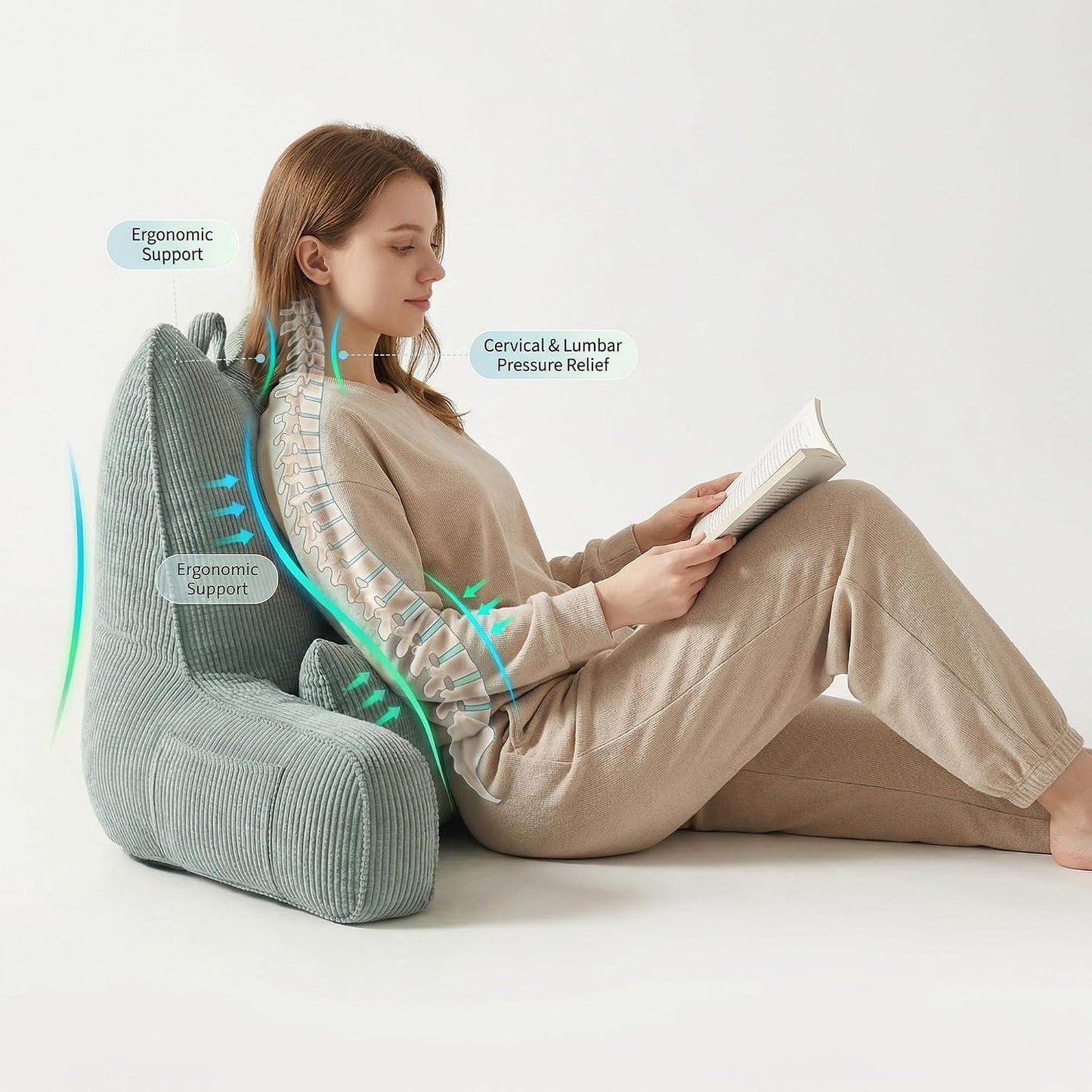 Patented Design Reading Pillow with Arms for Sitting Up, 2-in-1 Bed Rest Pillow with Detachable Lumbar Support, Backrest Support Cushion for Couch with Side Pockets & Handle, Beige Gray