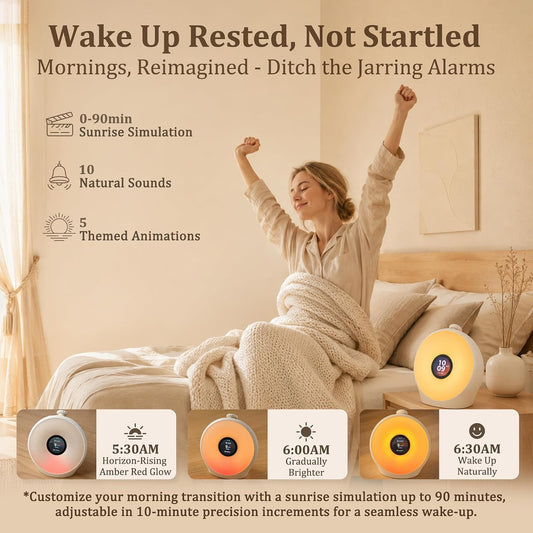 Sunrise Alarm Clock with 3 Unique Wake Up Modes for Every Sleeper, Sound Machine Night Light with 10 Natural White Noise Sounds and 8 Dimmable Ambient Mood Lighting for Bedrooms, Adults, Kids