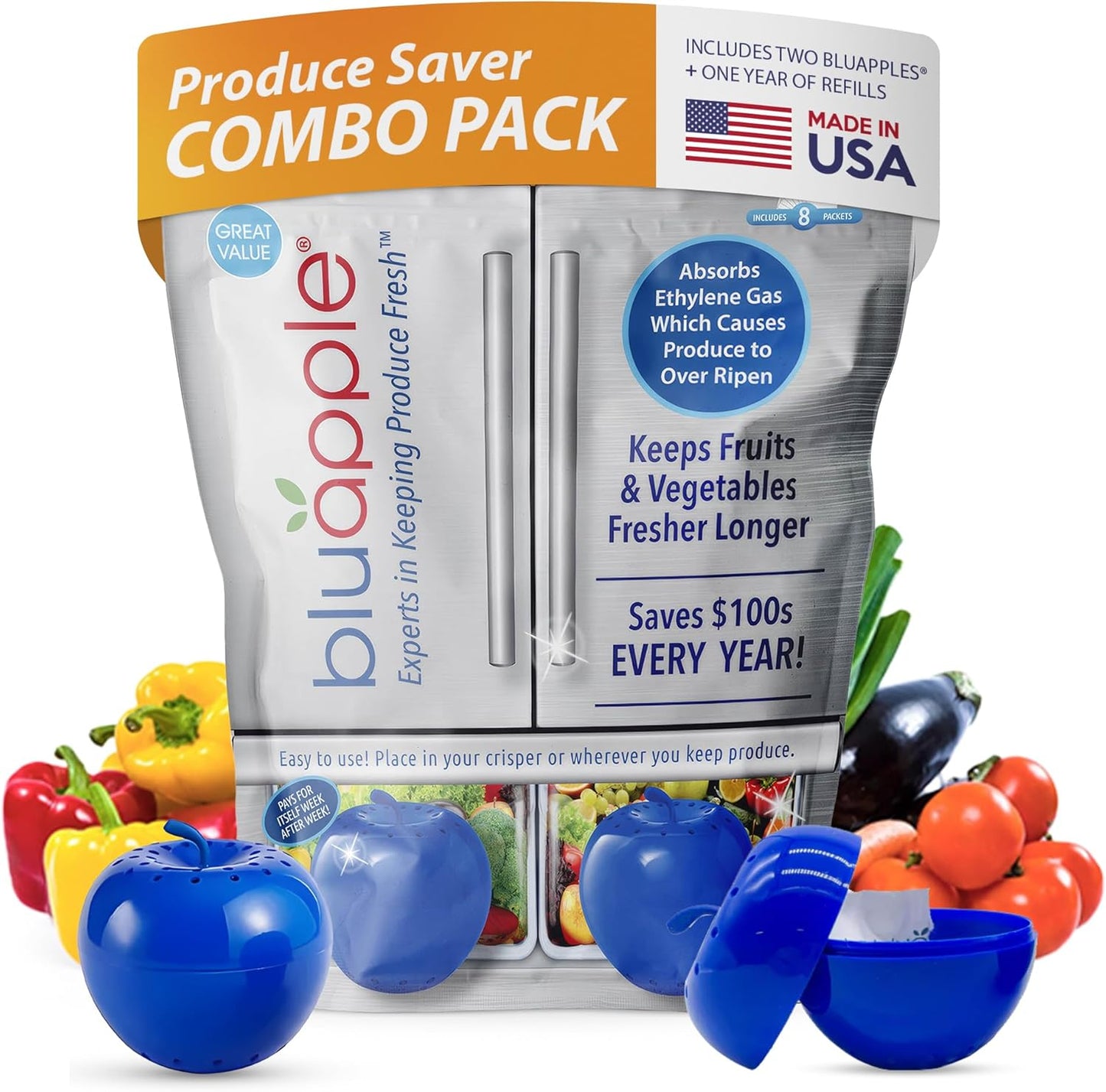 Bluapple Produce Saver Ethylene Gas Absorber - Fresh Fruit & Vegetable Storage for Refrigerator Crisper, Shelves & Fruit Bowls, Produce Keeper, Fruit Saver, Kitchen Must Haves, BPA-Free - 2-Pack