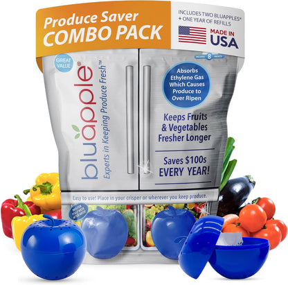 Bluapple Produce Saver Ethylene Gas Absorber - Fresh Fruit & Vegetable Storage for Refrigerator Crisper, Shelves & Fruit Bowls, Produce Keeper, Fruit Saver, Kitchen Must Haves, BPA-Free - 2-Pack