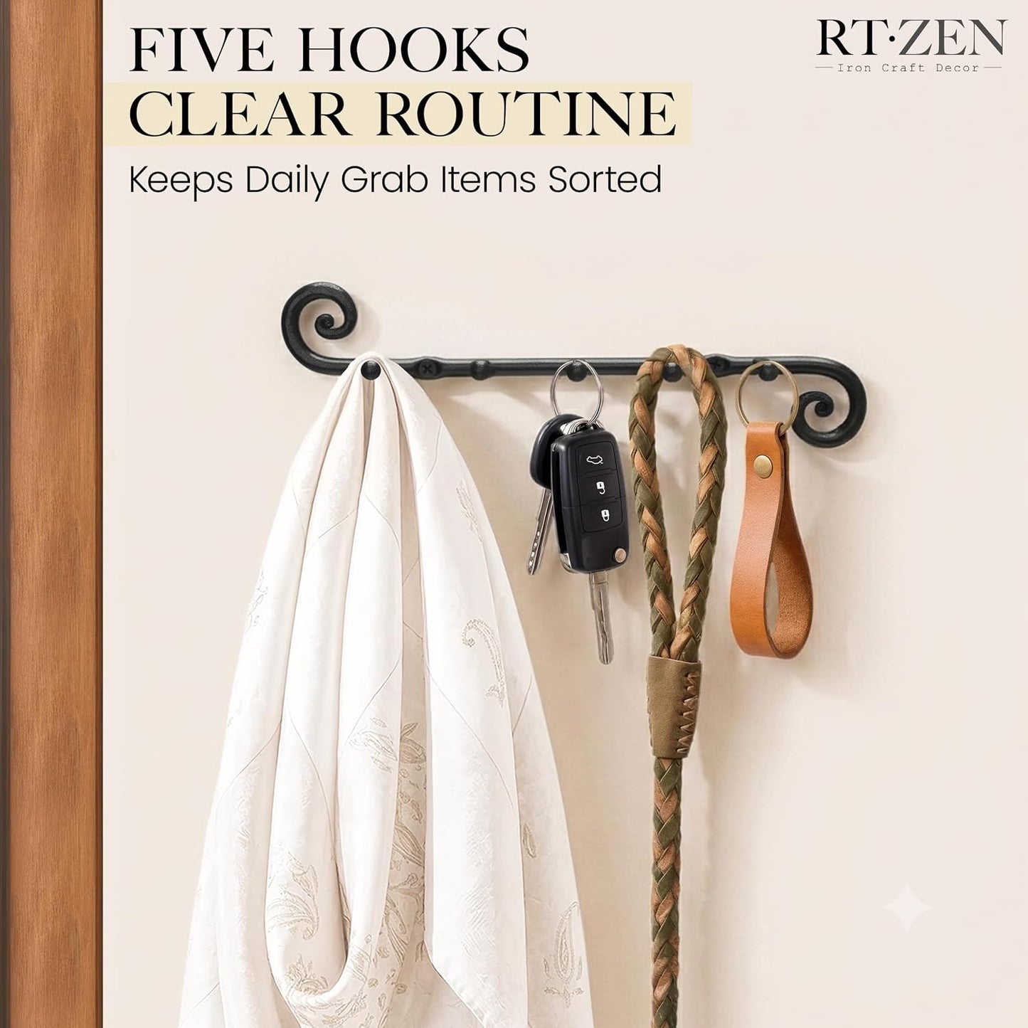 Farmhouse Small Key Holder for Wall, Wrought Iron Wall Mount Rack | Handcrafted Swirl Decorative, 5 Key Hooks for Home Entryway, Purse, Coat and Leash Holder or Organizer (Classic Black)