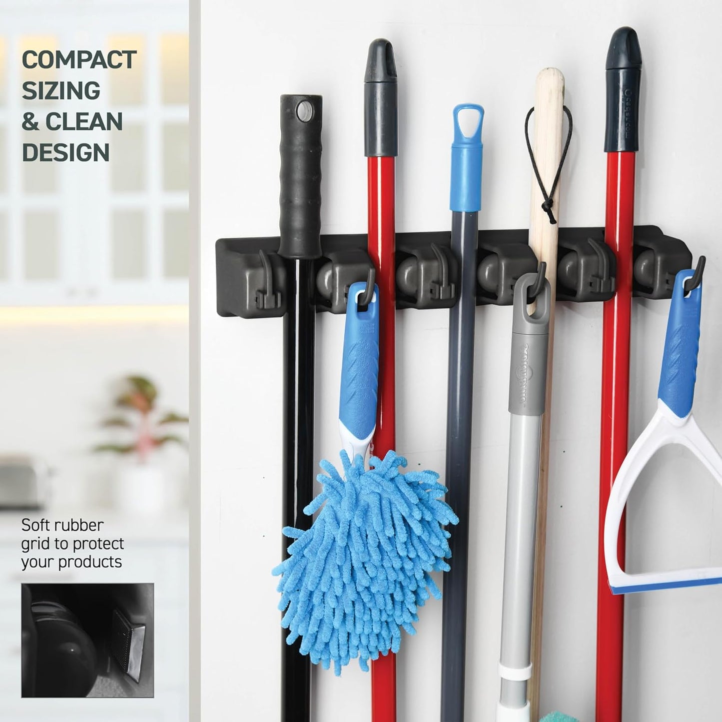 HOME IT Broom and Mop Holder Wall Mount – Heavy Duty Garage Organizer with 5 Slots & 6 Hooks, 7.5lbs Capacity Per Slot - Easy Install Storage Rack for Home, Kitchen, Laundry Room & Garden - Off-White