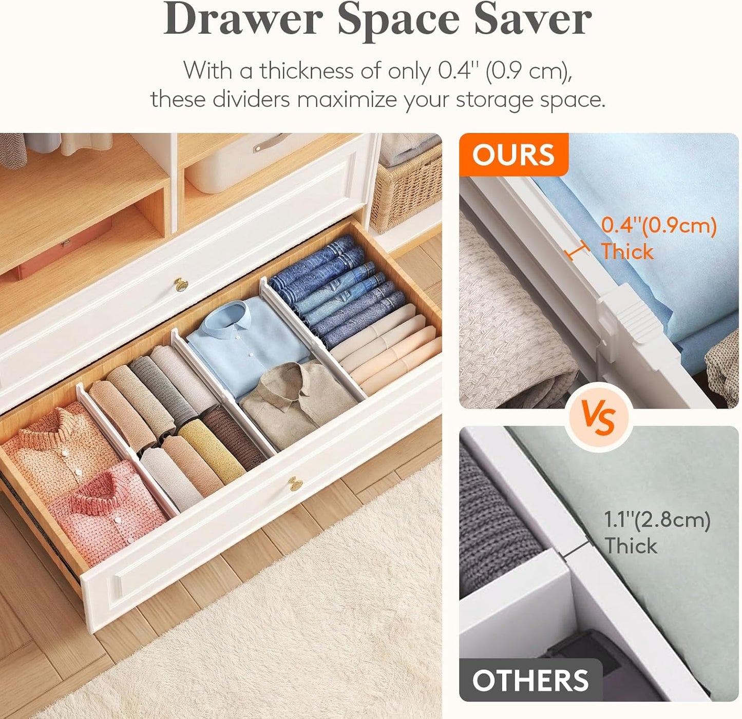 Lifewit 8" Tall Drawer Dividers, Adjustable Deep Drawer Organizer Clothes | 4 Pack 13.8"-22.2" Expandable White Plastic Separators for Dresser, Kitchen, Cabinet, Closet, Office Organization & Storage