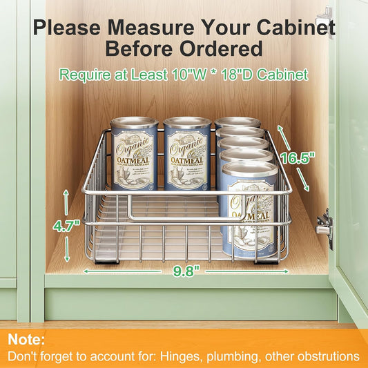 Pull out Cabinet Organizer, Stainless Steel 2-Pack Slide out Drawer with Silent Full-Extension Slides, Adhesive Roll out Can Spice Storage Basket Shelf Rack for Pantry, Kitchen, Bathroom, Home Closet