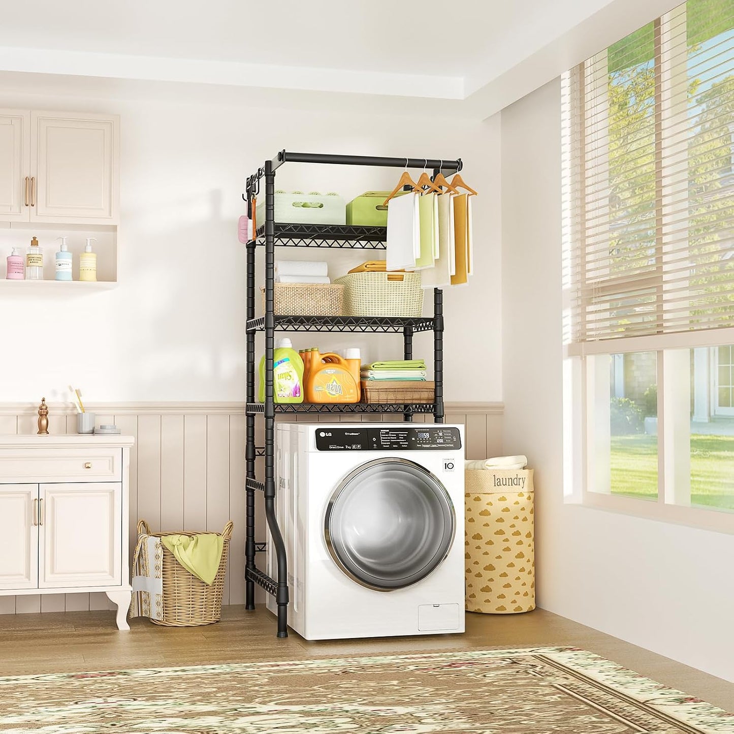 U11 Over Washer and Dryer Shelves, 3 Tiers Laundry Room Storage and Organizer Standing Shelf, Metal Freestanding Clothes Drying Rack, 33.9" W x 19.7" D x 77.6" H, Black
