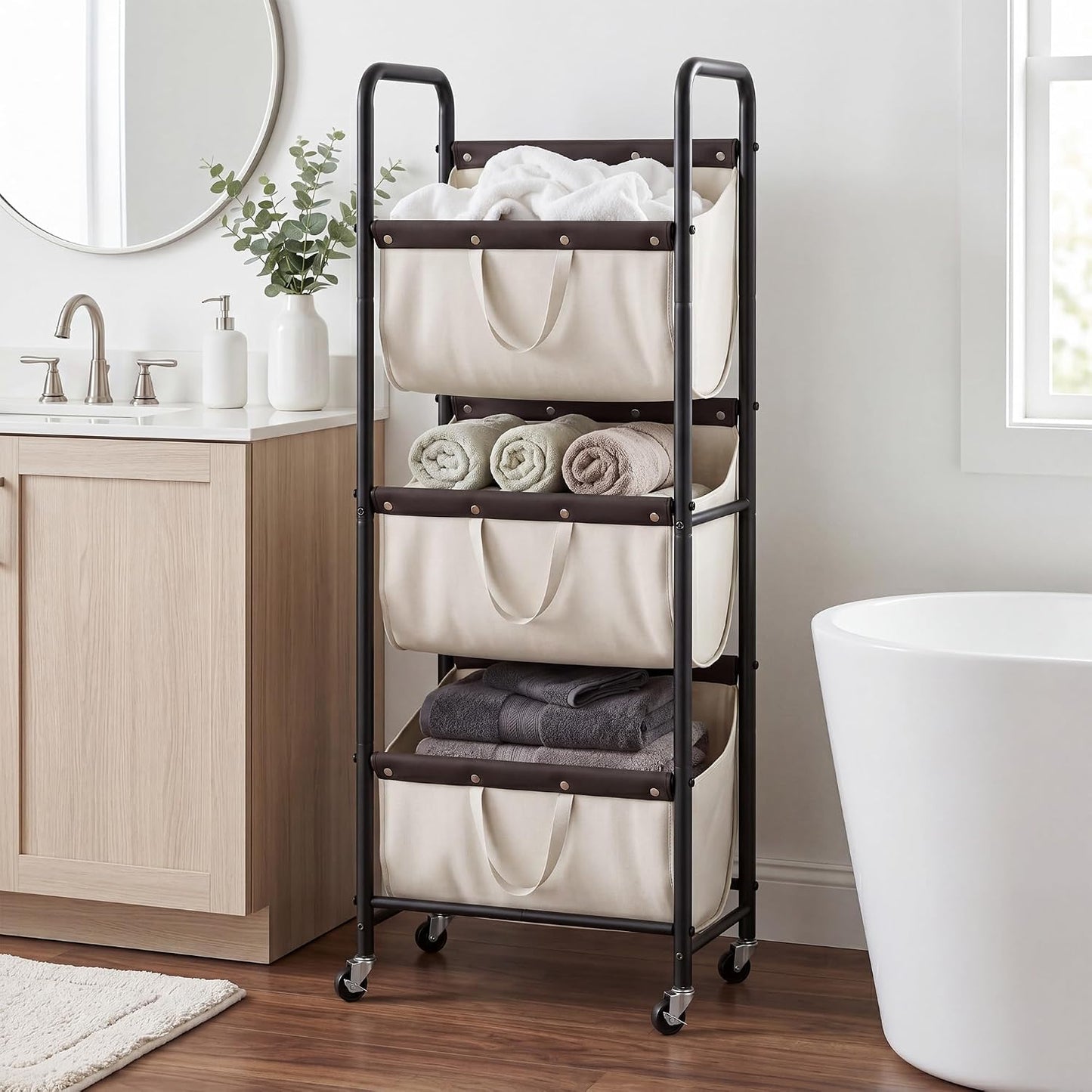 GRANNY SAYS 3 Tiered Laundry Sorter, Narrow Hamper Cart with Wheels | Sturdy 3 Section Laundry Basket with Wheels, Vertical Beige Hamper Cart for Bedroom, Bathroom, Apartment