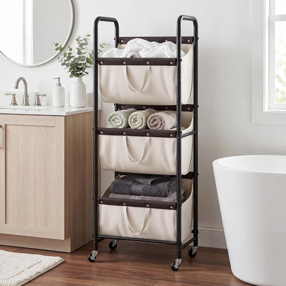 GRANNY SAYS 3 Tiered Laundry Sorter, Narrow Hamper Cart with Wheels | Sturdy 3 Section Laundry Basket with Wheels, Vertical Beige Hamper Cart for Bedroom, Bathroom, Apartment