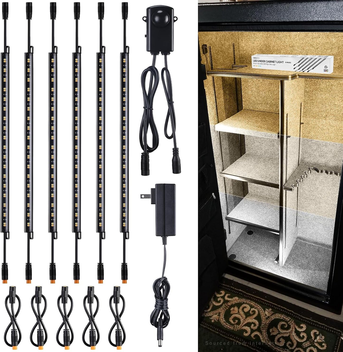 TORCHSTAR 6pcs 12 Inch LED Safe Lighting Kit, Motion Sensor, 3000K | UL Power Adapter, Input 100-240V, Linkable Gun Safe Light Bars, 900LM, for Under Cabinet Locker Closet Showcase, Warm White