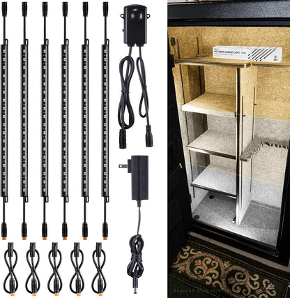 TORCHSTAR 6pcs 12 Inch LED Safe Lighting Kit, Motion Sensor, 3000K | UL Power Adapter, Input 100-240V, Linkable Gun Safe Light Bars, 900LM, for Under Cabinet Locker Closet Showcase, Warm White