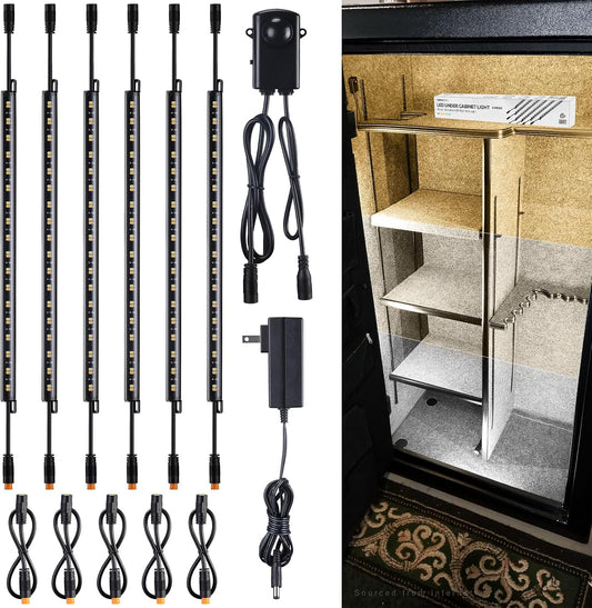 TORCHSTAR 6pcs 12 Inch LED Safe Lighting Kit, Motion Sensor, 3000K | UL Power Adapter, Input 100-240V, Linkable Gun Safe Light Bars, 900LM, for Under Cabinet Locker Closet Showcase, Warm White