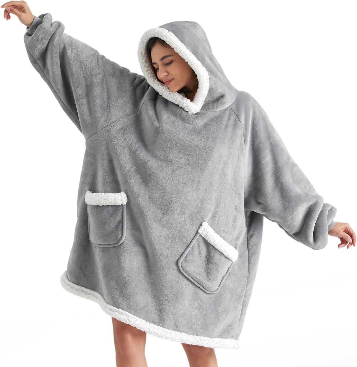 Bedsure Wearable Blanket Sherpa Hoodie Gifts, Sweatshirt, Grey, Standard
