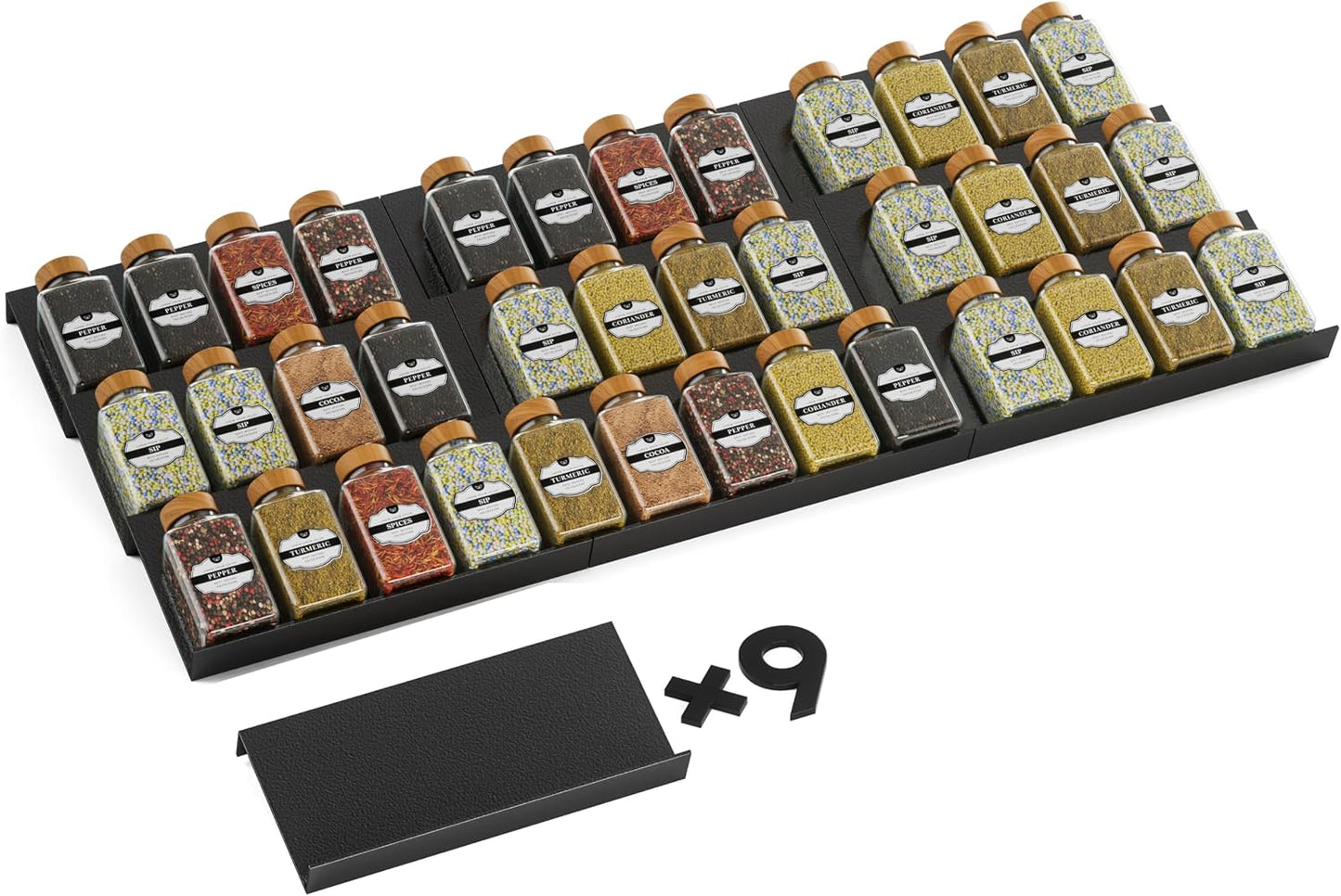 Spice Drawer Organizer, Spice Rack Tray for Kitchen Cabinet, Expandable Seasoning Storage Rack Insert for Drawer/Countertop,9 Pieces Set, Aluminum (Jars Not Included)