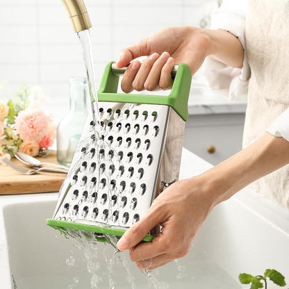 Spring Chef Stainless Steel XL Cheese Grater for Kitchen, Green | 4 Sided Manual Metal Box Grater for Carrot, Potato, Cabbage, Cheese Shredder, Professional Vegetable Grater, Dishwasher Safe