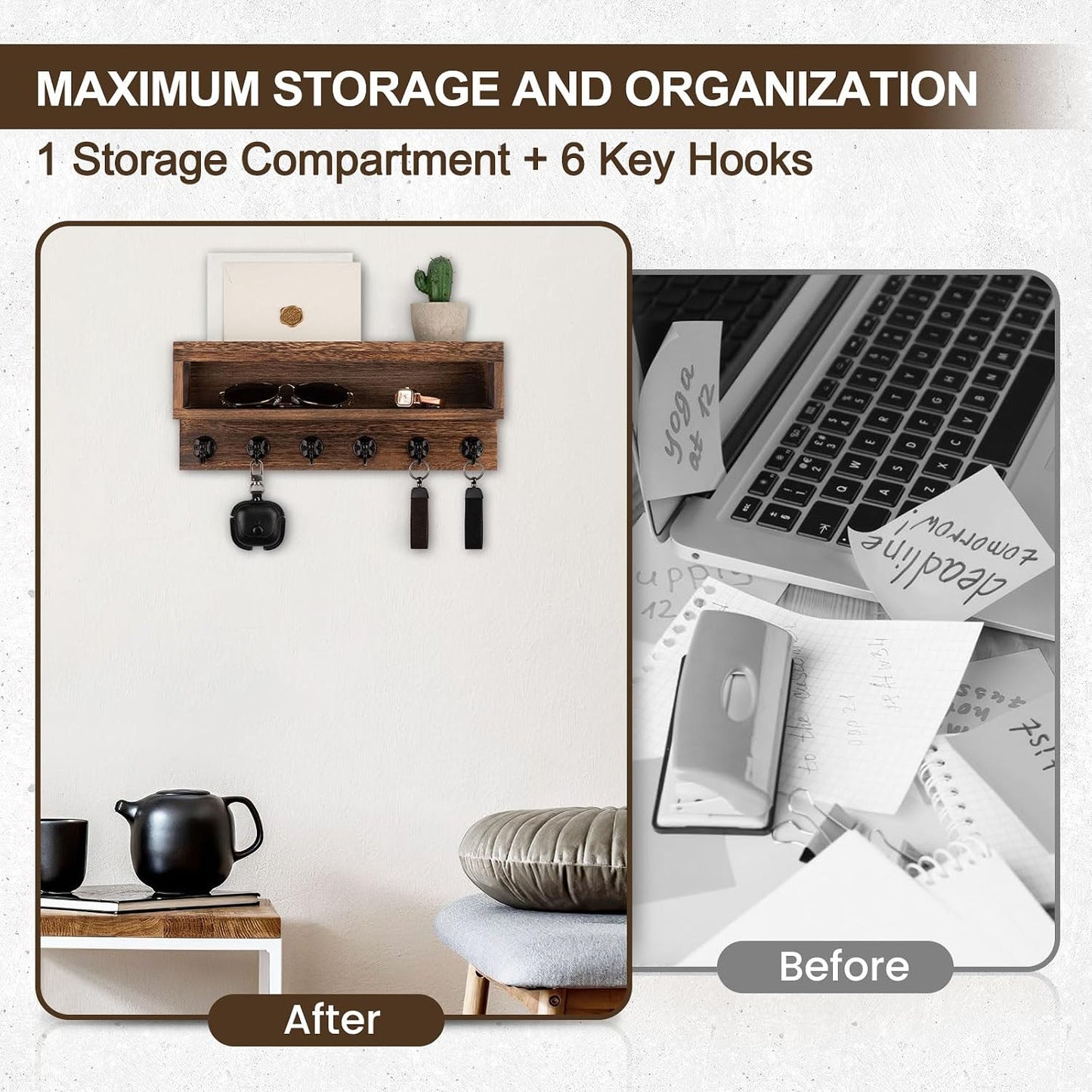 Key and Mail Holder Wall Mount with Long Storage Box and 6 Hooks | Key Holder For Coat, Dog Leash, Home Decor Rack, Entry Way Organizer