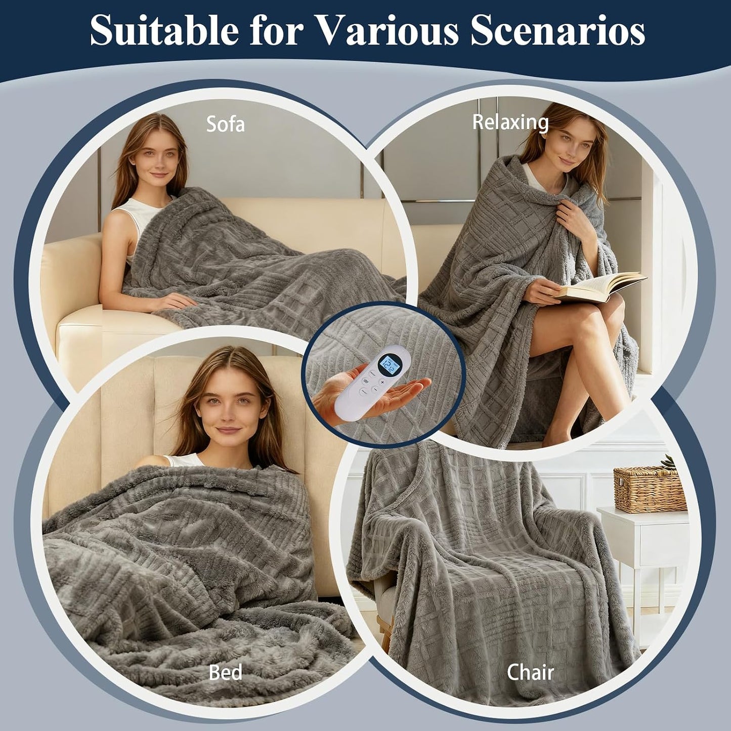 Heated Blanket Electric Throw, 50"X60" Heating Blanket Waffle with 12 Heat Levels, Fast Heating Blanket with 1-12H Timer, Overheat Protection with ETL & FCC for Bed Home Office Sofa (Light Gray）