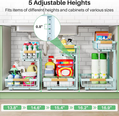 Kitstorack Under Sink Organizer, 2 Tier Under the Sink Storage, Slide out Pull out Cabinet Organizer Shelf, Metal Sliding Drawer for Kitchen Bathroom Pantry Closet Organization Rack, Black, 2 Pack