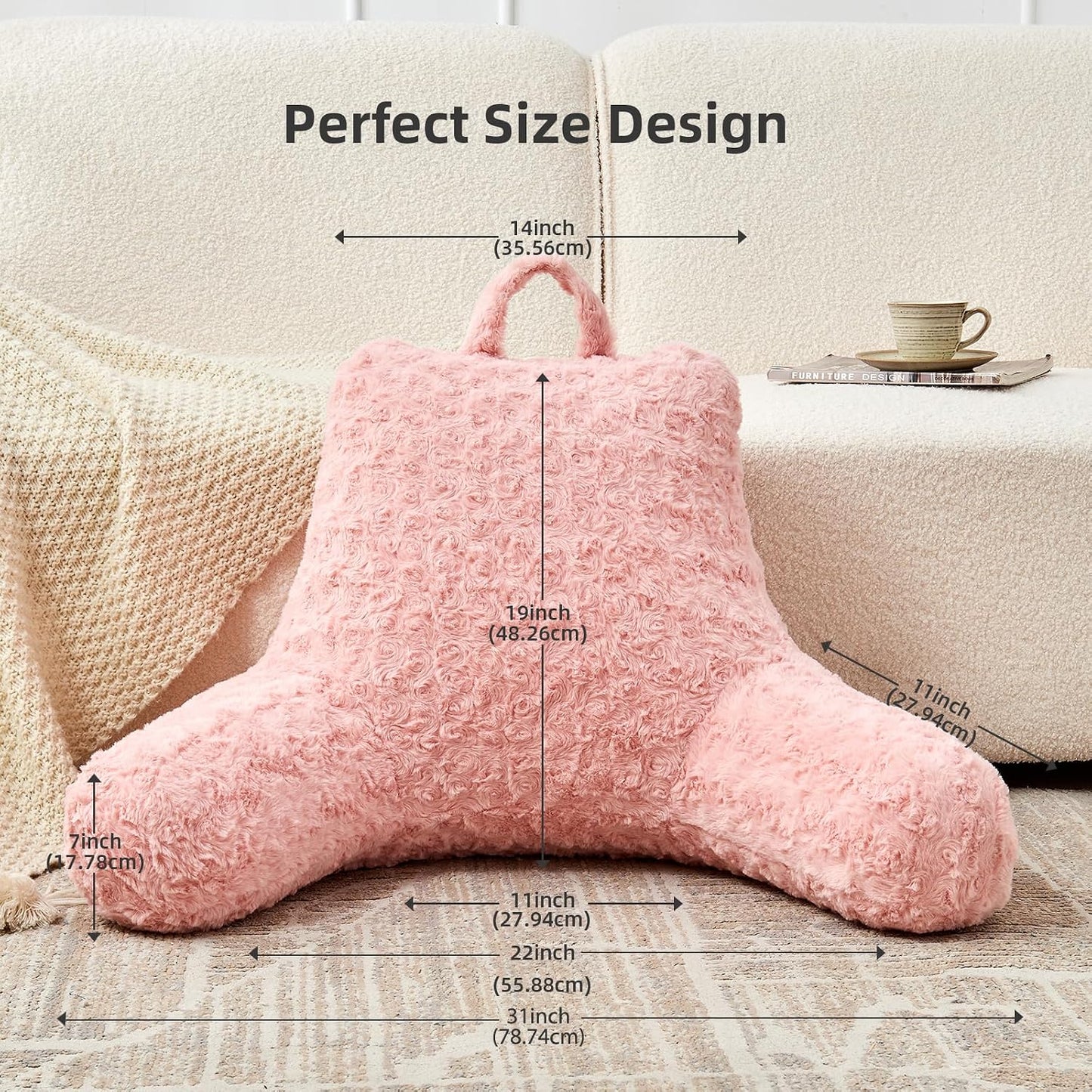 Reading Pillow, Rose Velvet Back Pillow with Arms for Bed Sitting Up, Bed Pillow for Adult Children, Backrest Pillows with Washable Cover, Chair Pillow for Watching TV/Gaming/Relaxing (Pink)