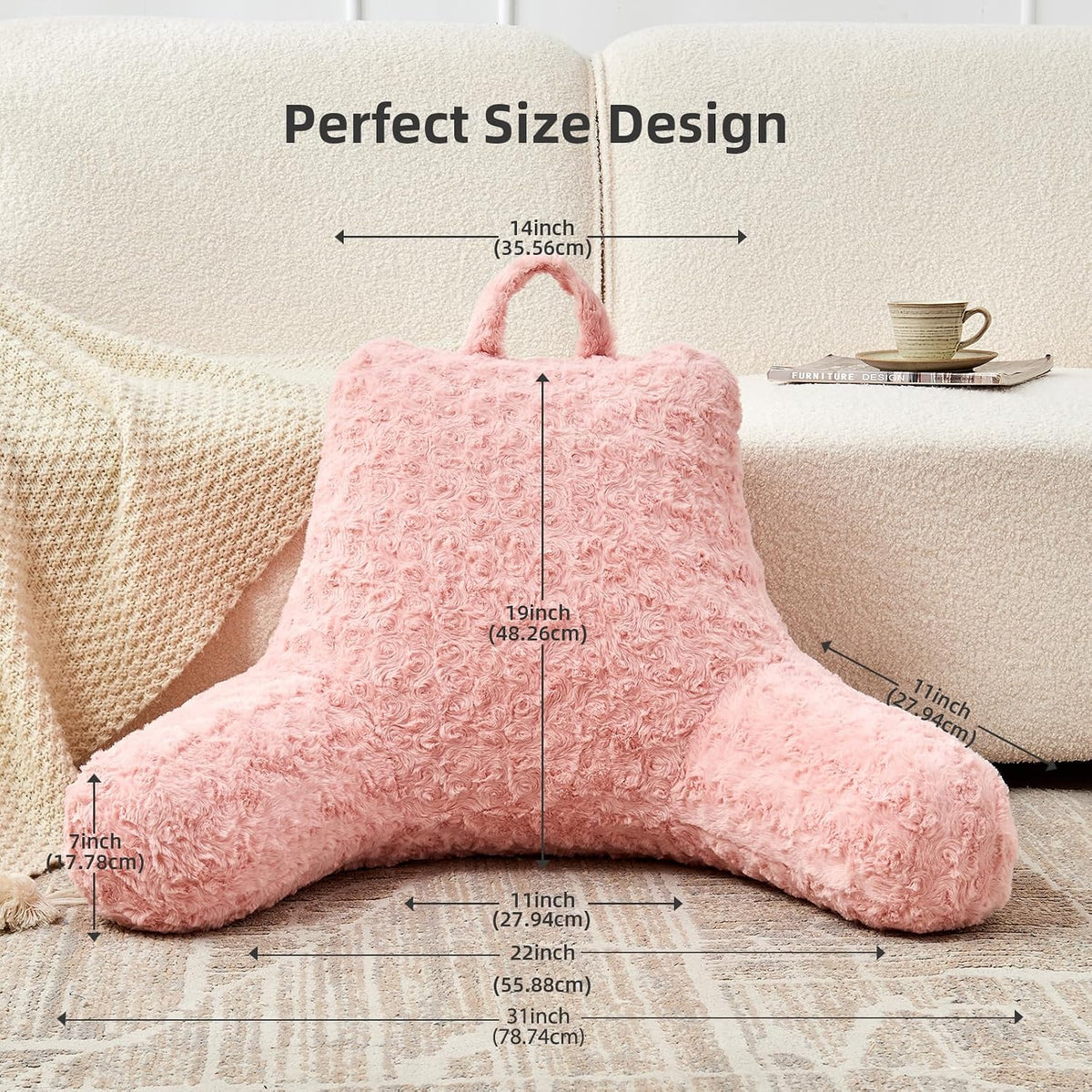 Reading Pillow, Rose Velvet Back Pillow with Arms for Bed Sitting Up, Bed Pillow for Adult Children, Backrest Pillows with Washable Cover, Chair Pillow for Watching TV/Gaming/Relaxing (Pink)