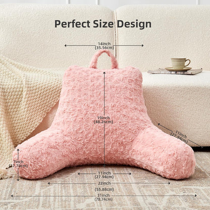 Reading Pillow, Rose Velvet Back Pillow with Arms for Bed Sitting Up, Bed Pillow for Adult Children, Backrest Pillows with Washable Cover, Chair Pillow for Watching TV/Gaming/Relaxing (Pink)