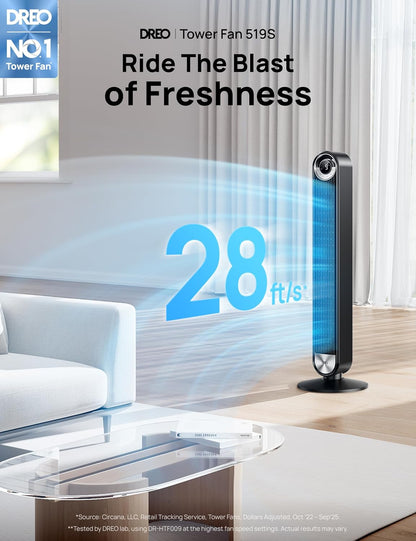 DREO Tower Fan for Bedroom, Upgraded DC 28ft/s Velocity, 9 Speeds