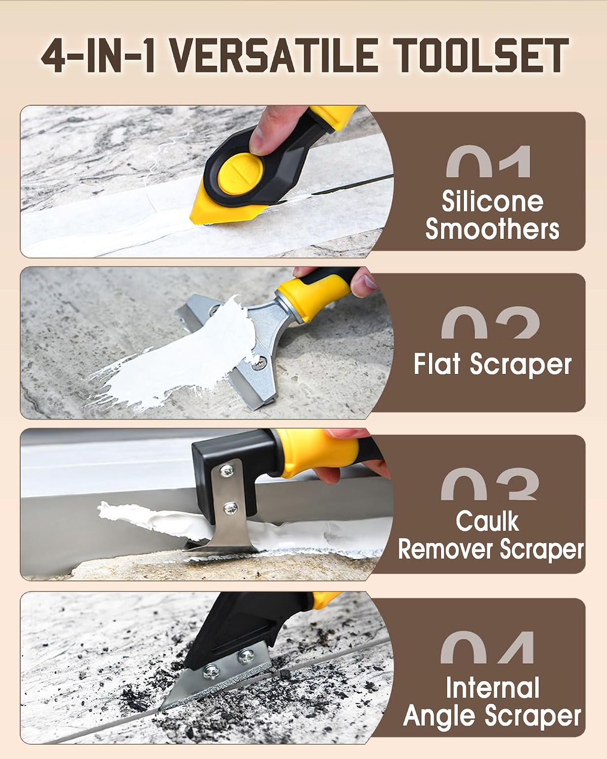All-in-One Professional Caulk Remover Tool – Multi-Functional Scraper with Interchangeable Heads for Seamless Tile, Grout, and Bathroom Renovation, Ergonomic Handle & Durable Stainless Steel Blade