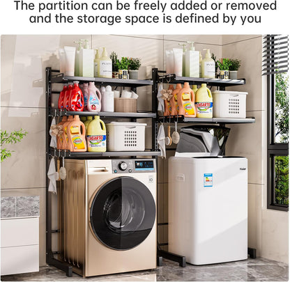 Carbon Steel Over Washer and Dryer Shelf, 2 Tier Bulkhead Laundry Room Storage and Organization Riser, Above Toilet Rack, (14.17“-25.59”) W*15.75 “D*63.39 ”H, Gray