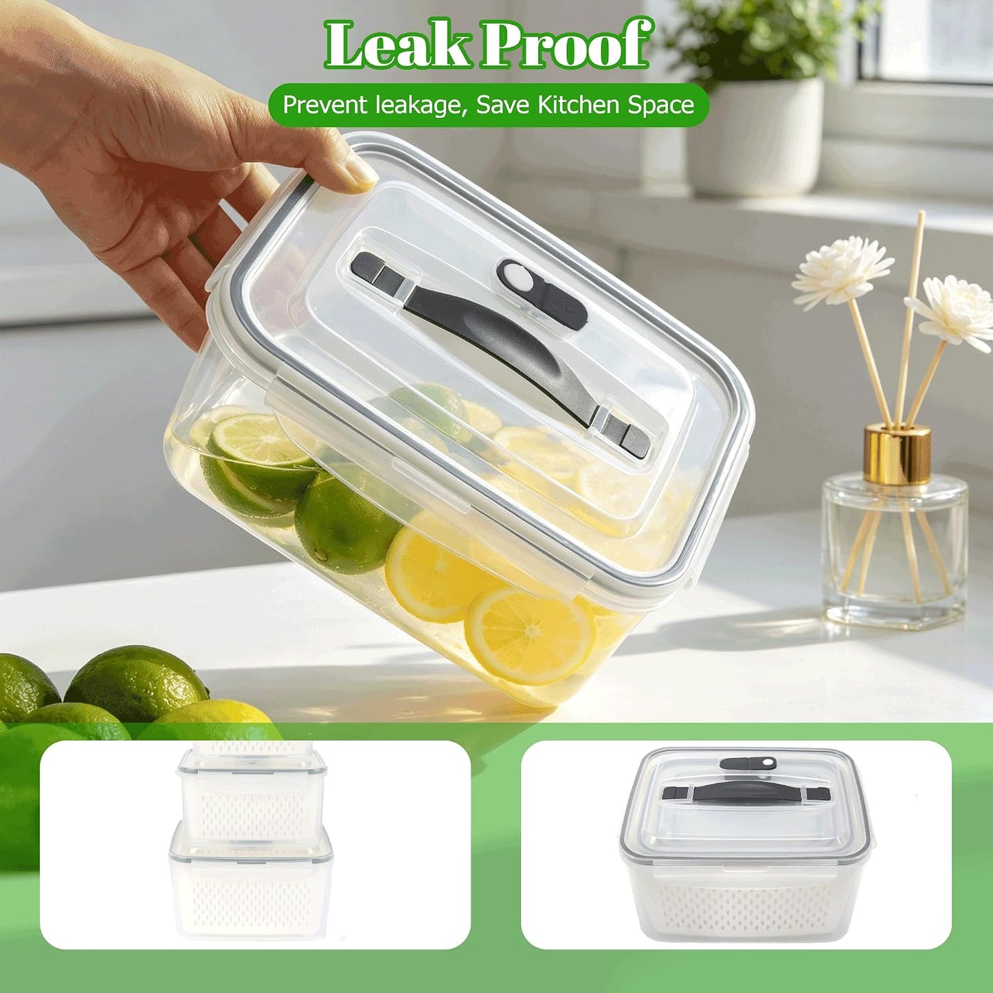 KUK 4 Pack Fruit Storage Containers for Fridge, Leakproof Food Containers with Removable Colander, Fruit Containers for Fridge BPA Free Produce Containers Keep Vegetables Berry Meat Fresh Longer