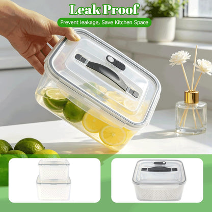 KUK 4 Pack Fruit Storage Containers for Fridge, Leakproof Food Containers with Removable Colander, Fruit Containers for Fridge BPA Free Produce Containers Keep Vegetables Berry Meat Fresh Longer