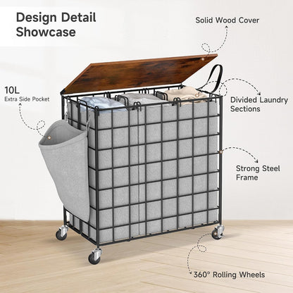 90L Laundry Basket with Wheels, Large Capacity Laundry Hamper with Removable Liner Bags, Heavy Duty Laundry Sorter with Solid Wood Lid & Leather Handles, Grey