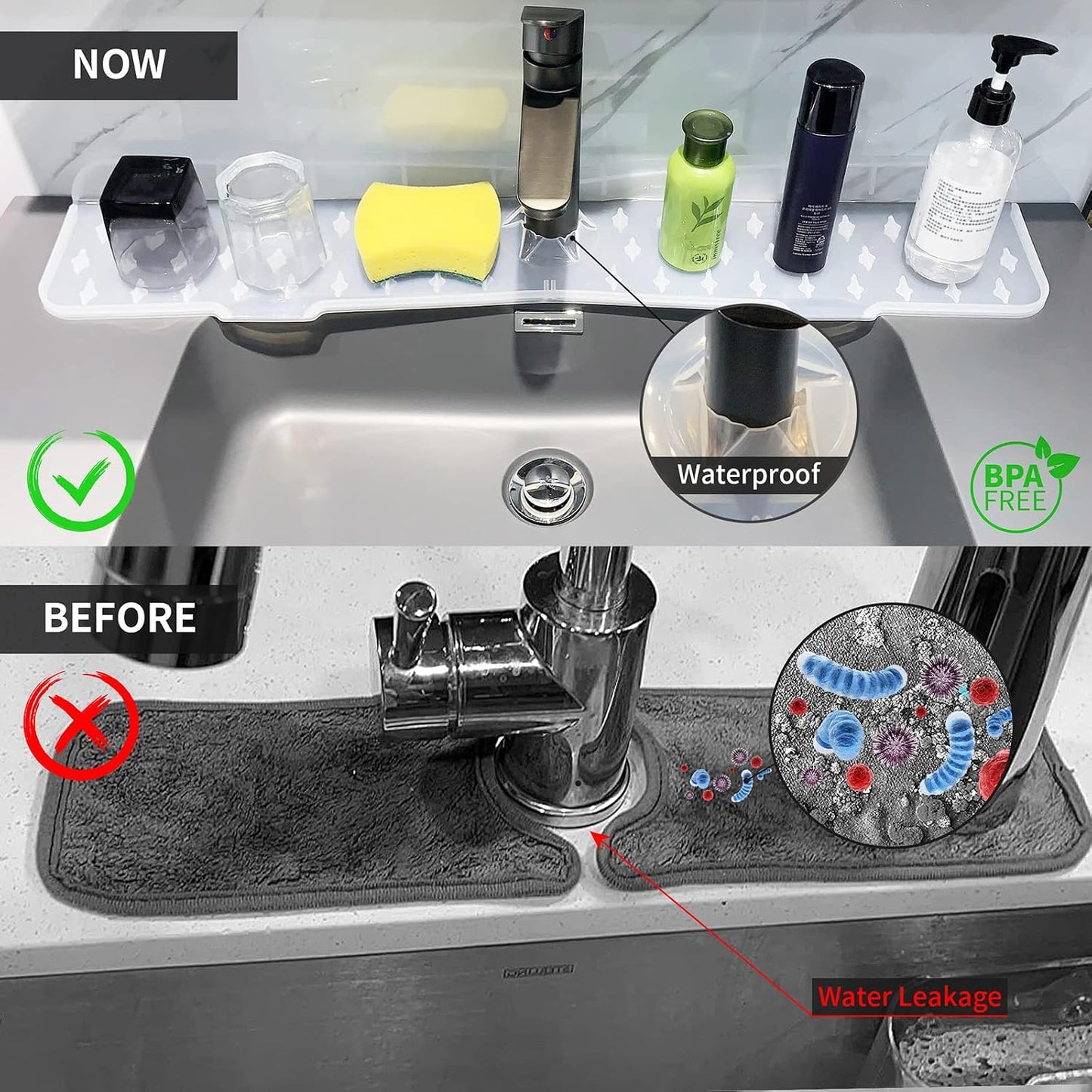 Kitchen Faucet Sink Splash Guard Silicone Faucet Mat Clear XXL 30 In | Drip catcher tray mat, sink splash guard behind faucet area; Faucet Mat for Kitchen Sink bathroom faucet guard & draining mat
