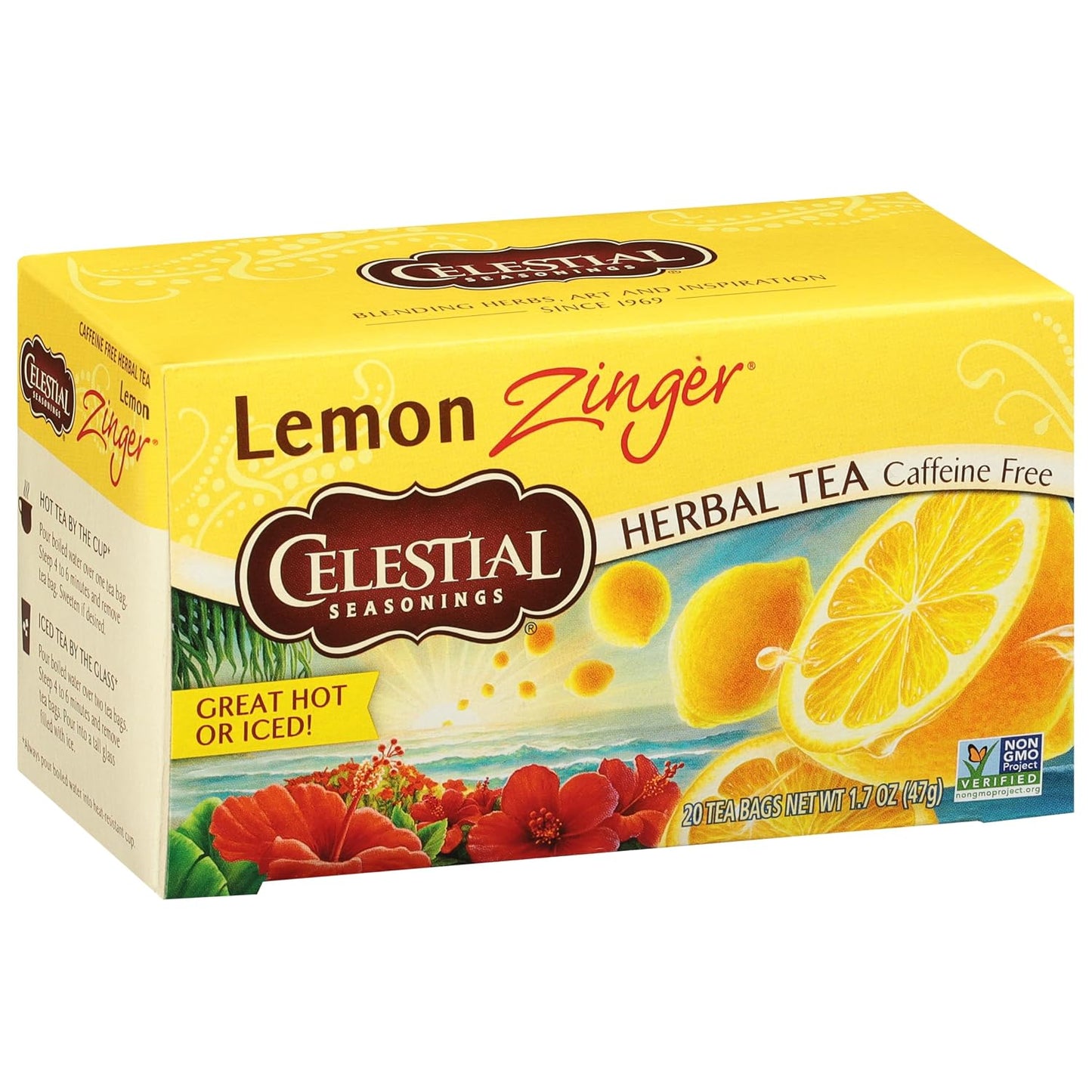 Celestial Seasonings Raspberry Zinger Herbal Tea, Caffeine Free, 20 Tea Bags Box