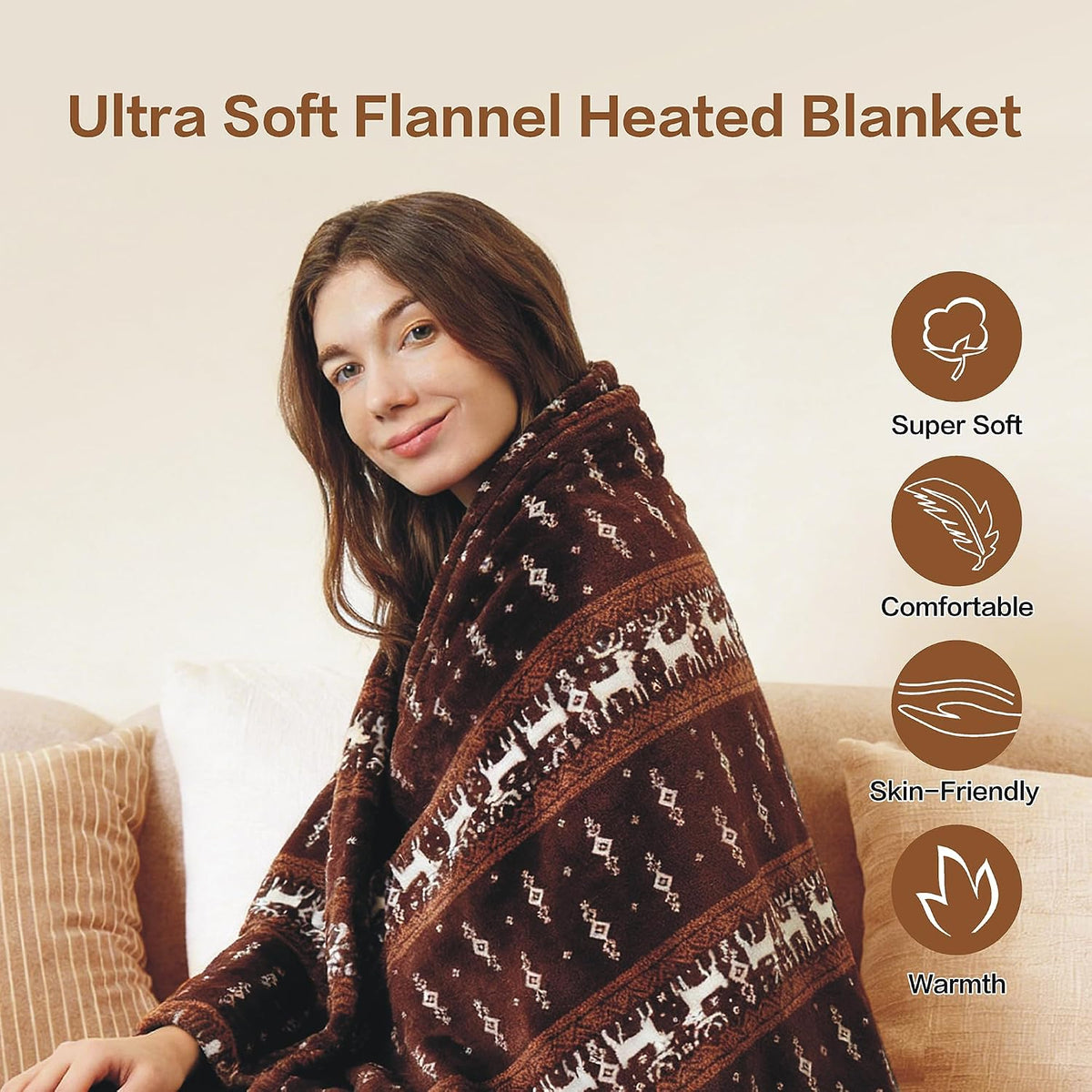 Tefici Electric Heated Blanket, Super Cozy 2-Layer Flannel Heated Throw