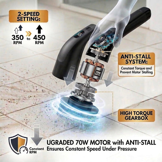 LIVINGPRO Electric Spin Scrubber for Bathroom Cleaning, Cordless Power Scrubber with 70W Dual Speed Motor, LCD Display, IPX7 Waterproof, Adjustable Handle, 7 Brush Heads for Tub Tile Shower Kitchen