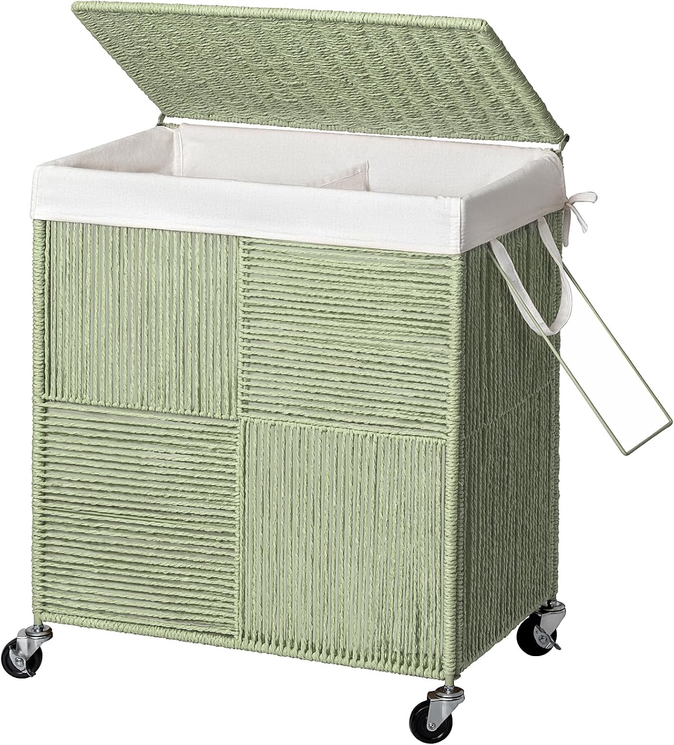 WOWLIVE Double Laundry Hamper with Wheels, Handwoven Rolling Laundry Basket | 115L Dirty Clothes Hamper with Lid, Removable Liner Bag, Large Capacity Laundry Sorter Laundry Room Organization, Green