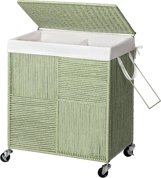 WOWLIVE Double Laundry Hamper with Wheels, Handwoven Rolling Laundry Basket | 115L Dirty Clothes Hamper with Lid, Removable Liner Bag, Large Capacity Laundry Sorter Laundry Room Organization, Green