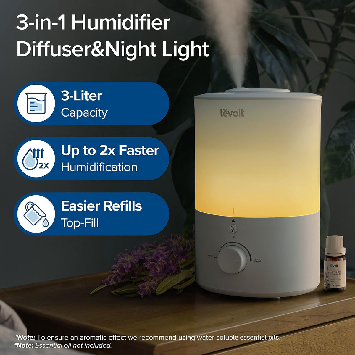 Levoit Top Fill Humidifiers for Bedroom, 2.5L Tank for Large Room, 25dB