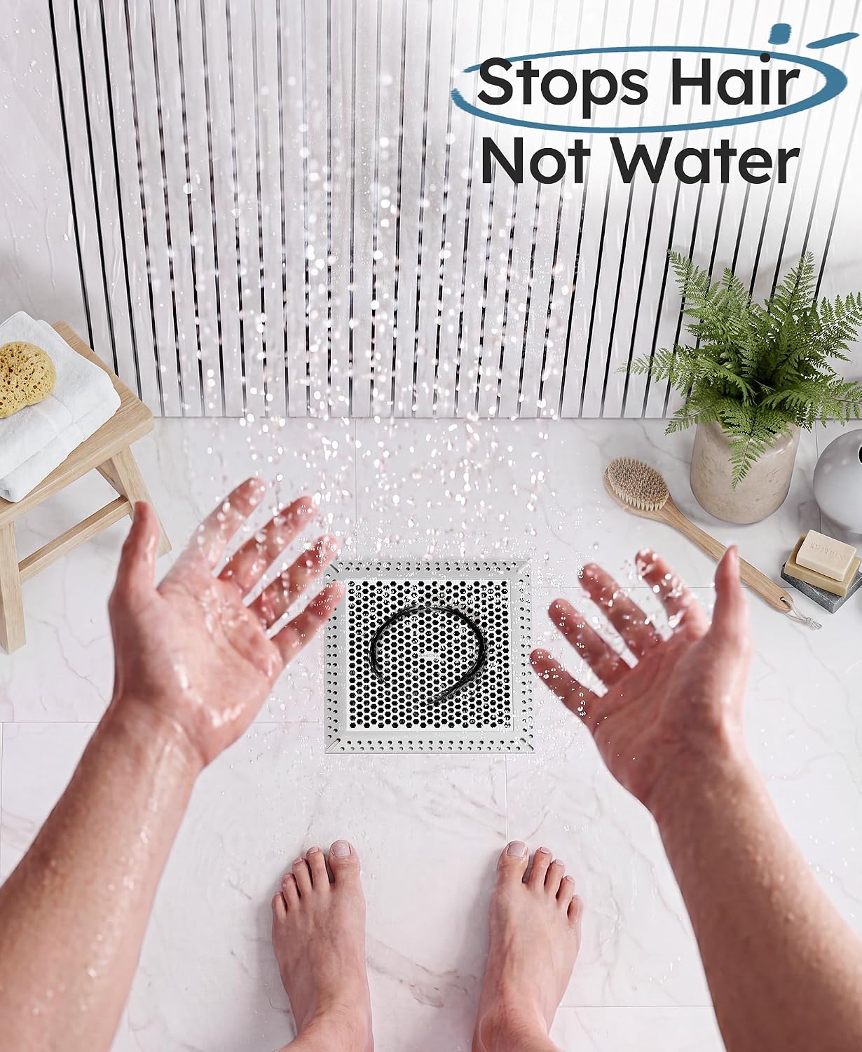 Square Shower Drain Hair Catcher, Anti-Clogging, Gray, 4 inch | Fast Drainage, Anti-Slip & Stays in Place, Stainless Steel & TPE Material, Easy Clean Fits Bathroom Hair Catcher for Shower