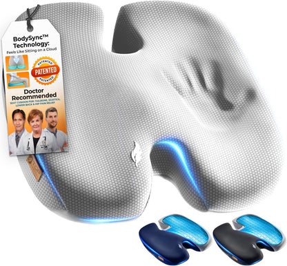 Seat Cushion, BodySync™ Technology with Non-Slip Gel & Memory Foam for Tailbone, Sciatica & Back Pain Relief, Office Chair Cushion, Car Seat Cushions for Driving (Light Grey)