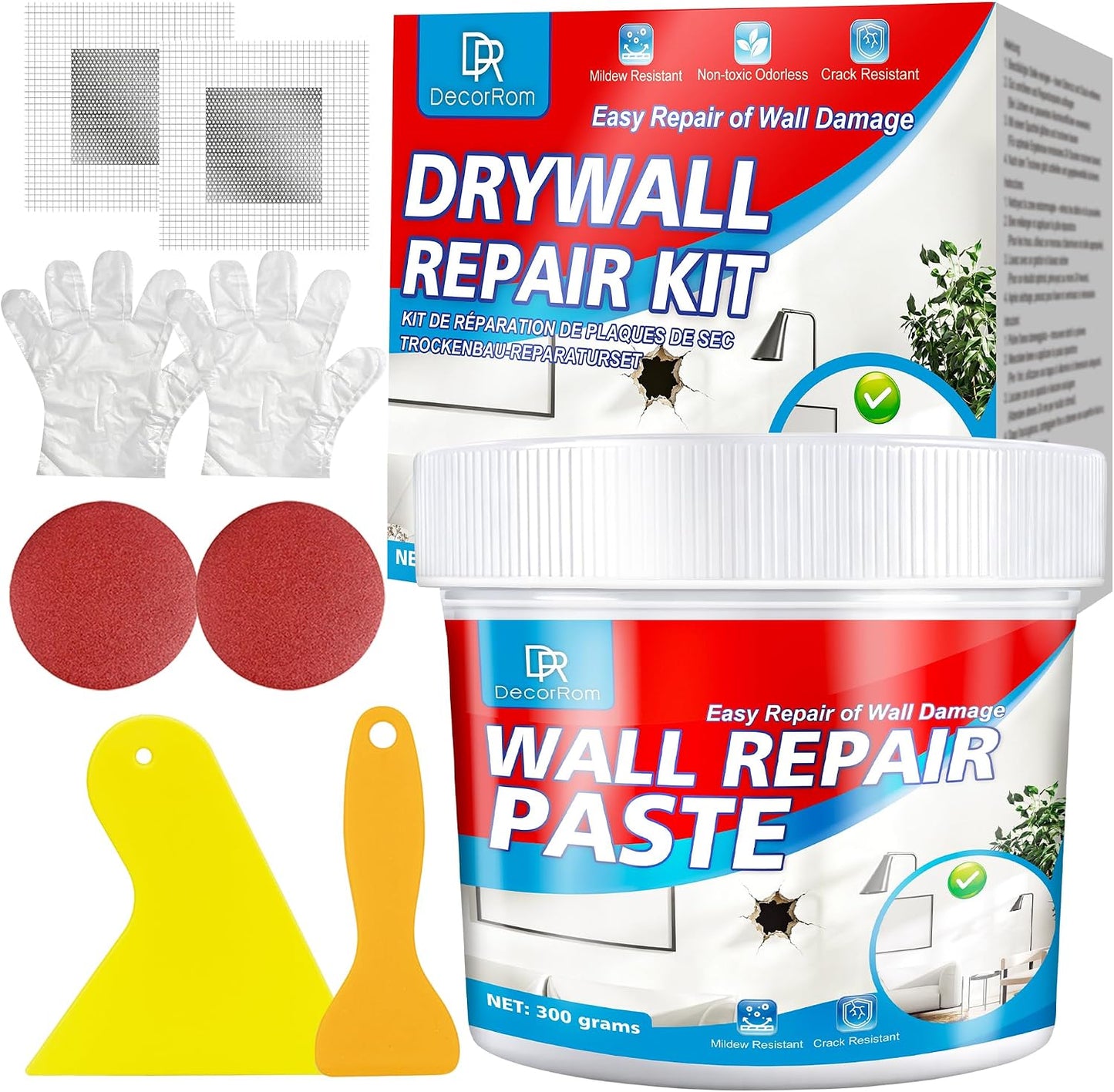 Drywall Repair Kit, 18oz Drywall Hole Patch Repair Kit Wall Patch Repair | White Waterproof Wall Repair Putty for Dents, Cracks, Nail Holes and Other Defects on Walls From Garage, Classroom & Home