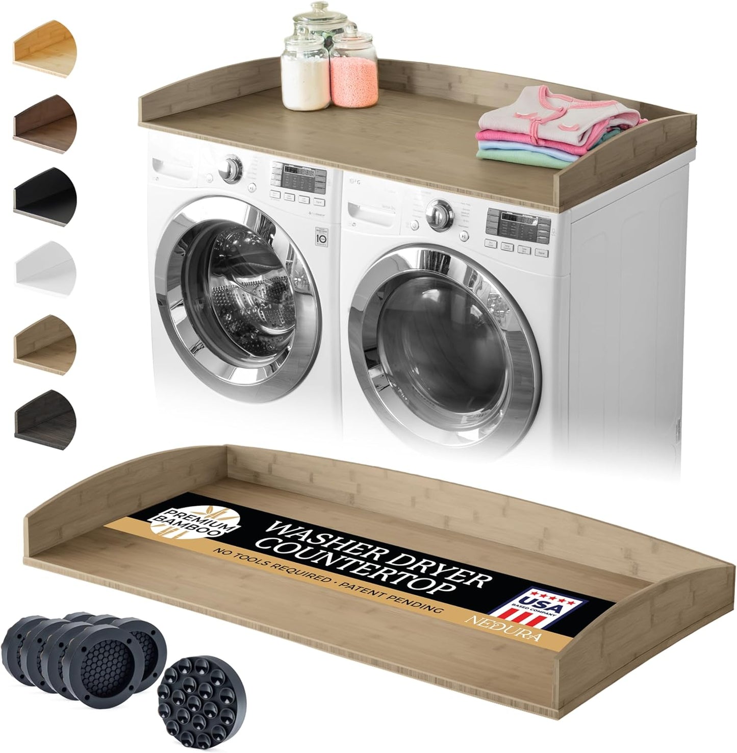 Nedura Washer Dryer Countertop with Anti-Vibration Pads, Curved Edge Rails, Premium Bamboo Laundry Countertop, Washer Dryer Topper, Laundry Room Organization, Laundry Room Accessory – Dark Walnut