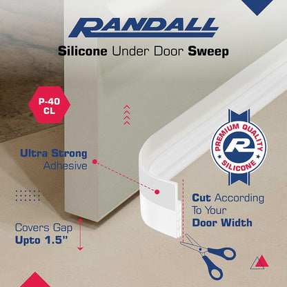 Adhesive Backed Door Draft Stopper – Silicone Under Door Sweep for Interior & Exterior Doors, Noise & Air Insulation, Self Stick Weather Stripping Door Seal, 2" W x 39" L (White) by Randall Mfg