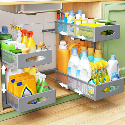 Under Sink Organizer, 2 Tier Pull out Cabinet Organizer Baskets with Mesh Sliding Drawers, Slide out Storage Shelf for Home, Kitchen, Bathroom, Pantry, Office Cabinet, Countertop(1 Pack)