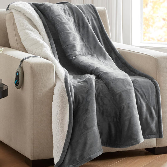 Beautyrest Reversible Heated Throw - Plush Sherpa Heating Blanket, Grey